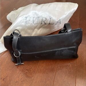 Furla Black Leather Shoulder Clutch with Silver Hardware